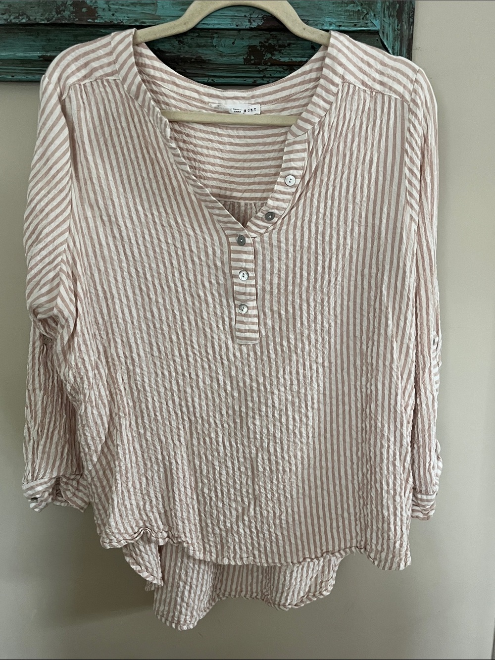 Jane and Delancey Blush and White Striped Henley Tunic